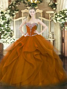 Adorable Brown Ball Gowns Beading and Ruffles Vestidos de Quinceanera Lace Up Tulle Sleeveless Floor Length