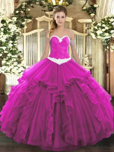 Sleeveless Organza Floor Length Lace Up Sweet 16 Dresses in Fuchsia with Appliques and Ruffles