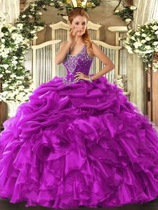 Fuchsia Lace Up Quinceanera Gowns Beading and Ruffles and Pick Ups Sleeveless Floor Length