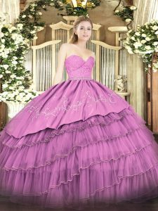 Floor Length Zipper Sweet 16 Dresses Fuchsia for Military Ball and Sweet 16 and Quinceanera with Beading and Lace and Embroidery and Ruffled Layers