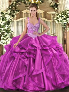 Deluxe Fuchsia Ball Gowns Straps Sleeveless Organza Floor Length Lace Up Beading and Ruffles Quinceanera Gowns