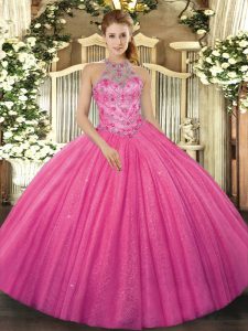 Hot Pink Lace Up Halter Top Beading and Embroidery 15 Quinceanera Dress Tulle Sleeveless