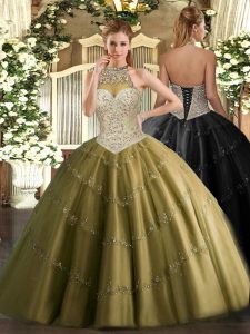 Brown Ball Gowns Tulle Halter Top Sleeveless Beading and Appliques Floor Length Lace Up 15th Birthday Dress
