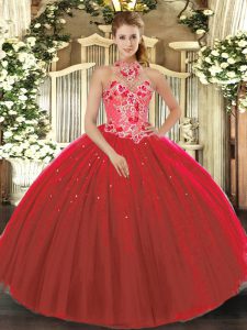 Suitable Sleeveless Lace Up Floor Length Embroidery Sweet 16 Quinceanera Dress