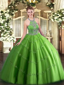 Discount Quinceanera Dresses Military Ball and Sweet 16 and Quinceanera with Beading and Appliques Halter Top Sleeveless Lace Up