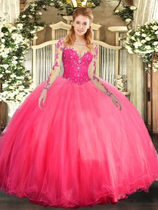 Attractive Lace Sweet 16 Dress Coral Red Lace Up Long Sleeves Floor Length