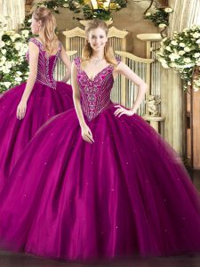 Smart Fuchsia Lace Up Ball Gown Prom Dress Beading Sleeveless Floor Length