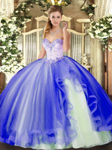 Sweetheart Sleeveless Quinceanera Gown Floor Length Beading and Ruffles Blue Tulle