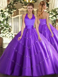 Low Price Floor Length Purple Quinceanera Gown Tulle Sleeveless Appliques
