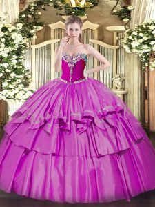 Sleeveless Organza and Taffeta Floor Length Lace Up Quinceanera Gowns in Lilac with Beading and Ruffled Layers