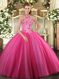 Great Hot Pink Ball Gowns Tulle Halter Top Sleeveless Embroidery Floor Length Lace Up Quinceanera Dress