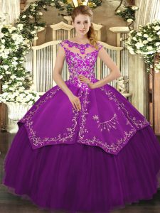 Exceptional Eggplant Purple Cap Sleeves Floor Length Embroidery Lace Up Ball Gown Prom Dress