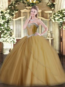 Champagne Ball Gowns Tulle Sweetheart Sleeveless Beading Lace Up Ball Gown Prom Dress Brush Train