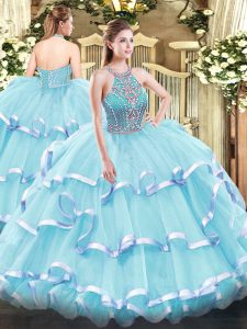 Aqua Blue Halter Top Neckline Beading and Ruffled Layers Ball Gown Prom Dress Sleeveless Lace Up