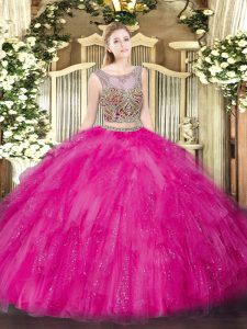 Fitting Hot Pink Sleeveless Beading and Ruffles Floor Length Sweet 16 Quinceanera Dress