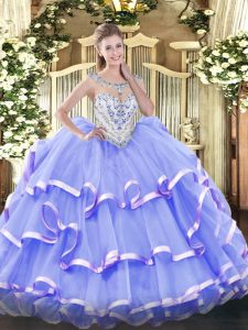 Fancy Ball Gowns Quinceanera Gowns Lavender Scoop Organza Sleeveless Floor Length Zipper