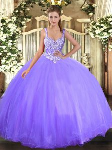 Sleeveless Tulle Floor Length Lace Up Quinceanera Gown in Lavender with Beading