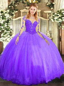 Long Sleeves Tulle Floor Length Lace Up Sweet 16 Dress in Lavender with Lace