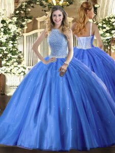 Floor Length Lace Up Quinceanera Dress Baby Blue for Military Ball and Sweet 16 and Quinceanera with Beading