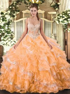 Orange Sleeveless Beading and Ruffled Layers Floor Length Quinceanera Dresses