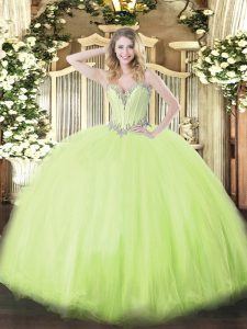 Top Selling Yellow Green Lace Up Sweetheart Beading Quince Ball Gowns Tulle Sleeveless