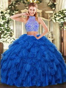 Floor Length Criss Cross Quinceanera Gowns Royal Blue for Military Ball and Sweet 16 and Quinceanera with Beading and Ruffles