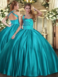 Custom Made Teal Ball Gowns Halter Top Sleeveless Satin Floor Length Lace Up Ruching Ball Gown Prom Dress