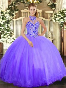 Charming Floor Length Lavender Sweet 16 Dress Halter Top Sleeveless Lace Up