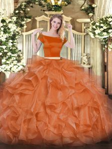 Vintage Organza Short Sleeves Floor Length Quinceanera Gown and Appliques and Ruffles