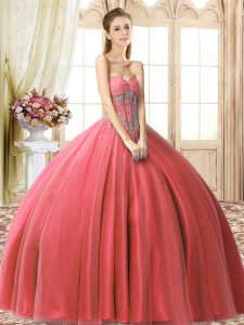 Coral Red Sweetheart Neckline Beading Sweet 16 Dresses Sleeveless Lace Up