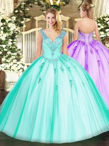 Customized Turquoise Ball Gowns V-neck Sleeveless Organza and Tulle Floor Length Lace Up Beading Sweet 16 Quinceanera Dress