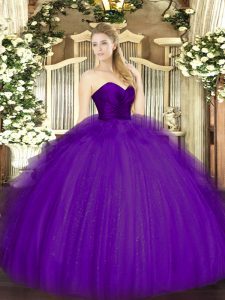 Luxury Ball Gowns Quince Ball Gowns Purple Sweetheart Tulle Sleeveless Floor Length Zipper