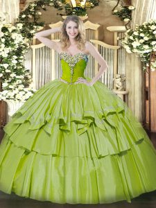 Beading and Ruffled Layers 15th Birthday Dress Olive Green Lace Up Sleeveless Floor Length
