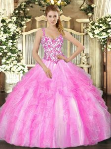 Straps Sleeveless 15th Birthday Dress Floor Length Appliques and Ruffles Lilac Organza