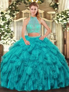Turquoise Two Pieces Beading and Ruffles Ball Gown Prom Dress Criss Cross Organza Sleeveless Floor Length