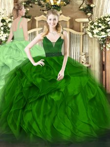 Traditional Green Ball Gowns Straps Sleeveless Organza Floor Length Zipper Beading and Ruffles 15 Quinceanera Dress