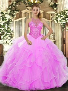 Affordable Organza High-neck Sleeveless Lace Up Beading and Ruffles 15 Quinceanera Dress in Rose Pink