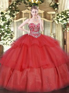 Red Lace Up Sweetheart Beading and Ruffled Layers Quince Ball Gowns Organza Sleeveless