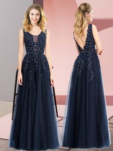 Colorful Navy Blue Square Neckline Beading and Appliques Prom Party Dress Sleeveless Backless