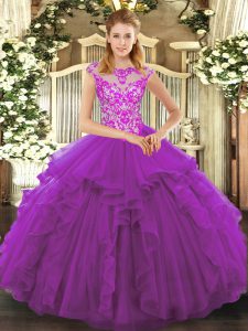 Dynamic Purple Cap Sleeves Beading and Ruffles Floor Length Quinceanera Gowns