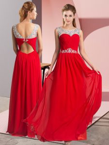 Graceful Sleeveless Floor Length Beading Clasp Handle Prom Dresses with Red