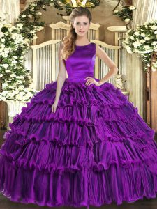 Organza Scoop Sleeveless Lace Up Ruffled Layers Quinceanera Gown in Eggplant Purple