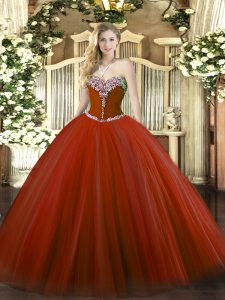 Beading Vestidos de Quinceanera Rust Red Lace Up Sleeveless Floor Length