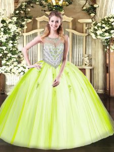 Traditional Scoop Sleeveless Zipper Ball Gown Prom Dress Yellow Green Tulle