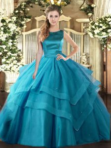 Modern Teal Ball Gowns Ruffled Layers Quinceanera Dresses Lace Up Tulle Sleeveless Floor Length