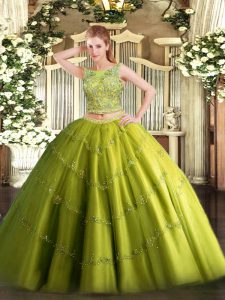 Custom Design Olive Green Lace Up Sweet 16 Dress Beading and Appliques Sleeveless Floor Length