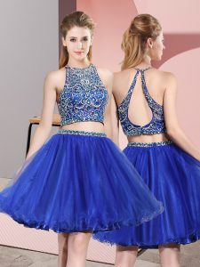High End Mini Length Criss Cross Prom Party Dress Blue for Prom and Party with Beading