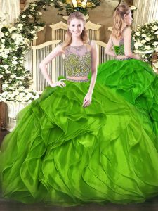 Free and Easy Two Pieces Quinceanera Dress Green Scoop Organza Sleeveless Floor Length Lace Up