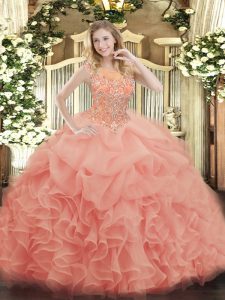 New Arrival Floor Length Baby Pink Sweet 16 Dresses Organza Sleeveless Beading and Ruffles