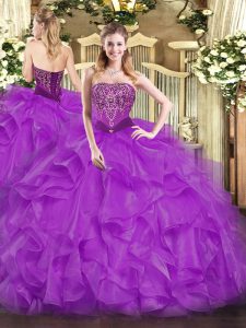 Purple Strapless Lace Up Beading and Ruffles Sweet 16 Dresses Sleeveless